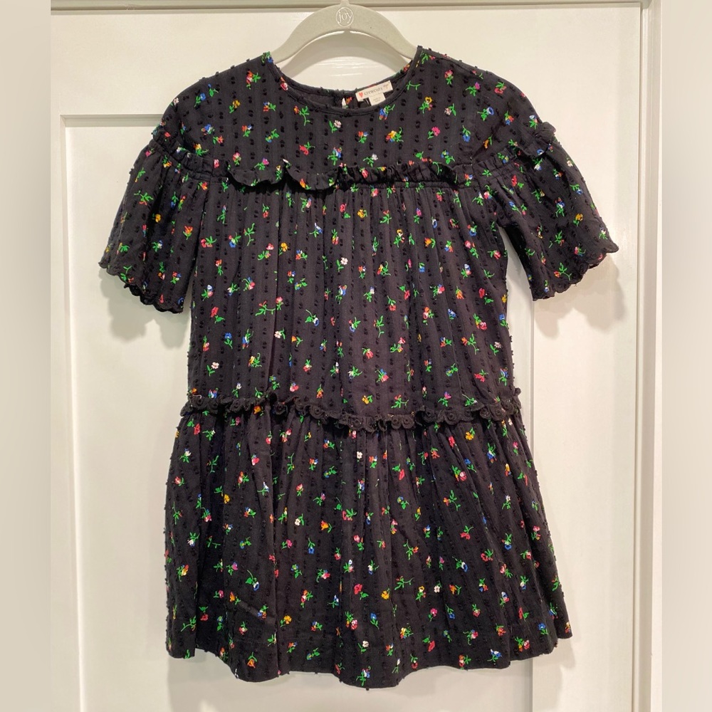 Crewcuts size 7, Black floral printed dress with eyelet and ruffled trim